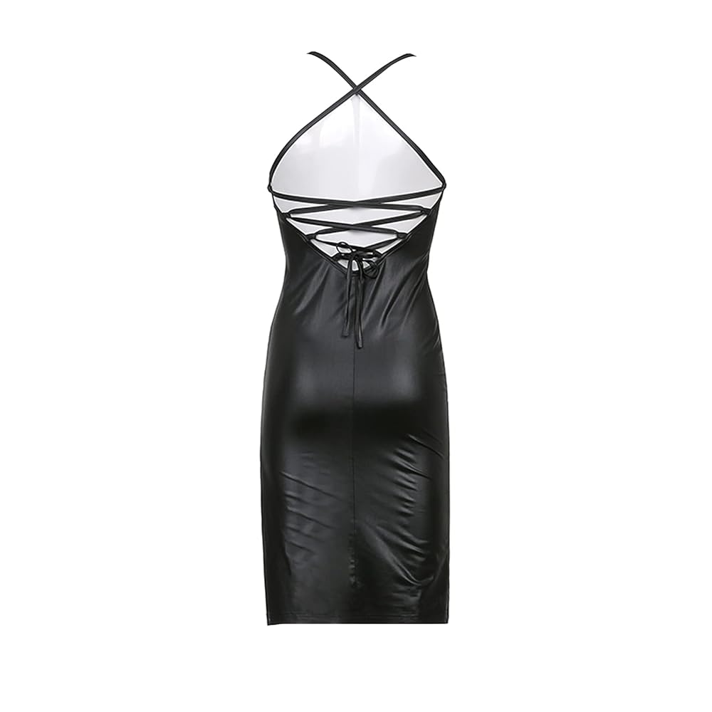 Amazon.com: Women Faux Leather Bodycon Dress Low Cut Halter